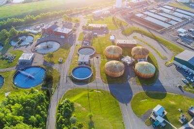 Modern urban wastewater treatment plant water purification is the process of removing undesirable chemicals of panoramic aerial view