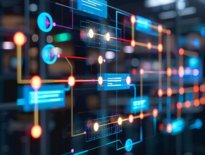 Futuristic digital interface with colorful data nodes and technology connections. Abstract visualization of information network in modern server room.