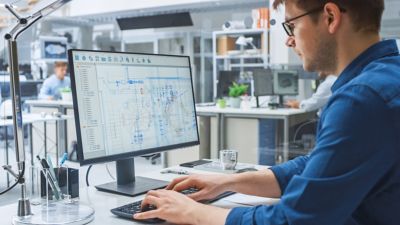 Over the Shoulder Shot of Engineer Working with CAD Software on Desktop Computer, Screen Shows Technical Drafts and Drawings. In the Background Engineering Facility Specializing on Industrial Design