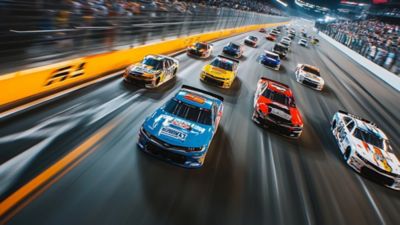 Image of NASCAR race cars going around a race track