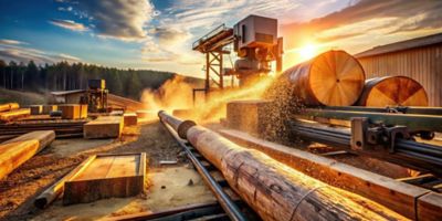 A new sawmill facility at golden hour sawing logs into lumber.