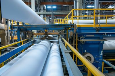 machinery processing nonwoven material in plant, created with generative ai