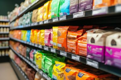Vibrant setting of a store shelf stacked with colorful packages of food
