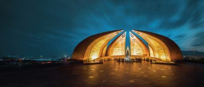 Illuminated Pakistan Monument in Islamabad at night