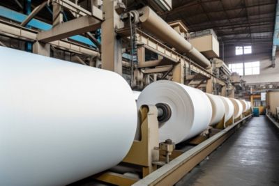 A row of large rolls of paper sit inside a large paper mill factory
