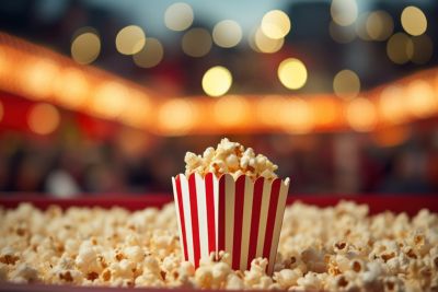 Popcorn stand, cinema shot, movie theatre popcorn.