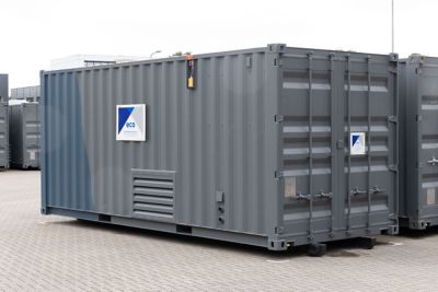 Close-up of a containerized boiler from Eco Steam and Heating Solutions, showcasing its compact and portable design.