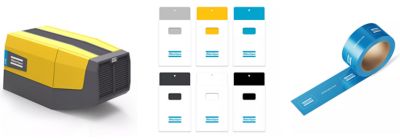 The Atlas Copco product branding on three different types of items