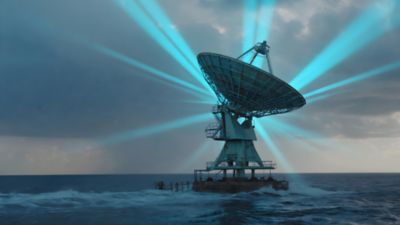 Harsh environments for electronics: Satellite dish antenna in the middle of the ocean, emitting communication beams