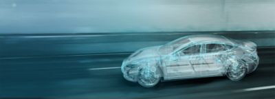 EV electronics dispensing solutions: Digital car model showing electronic components