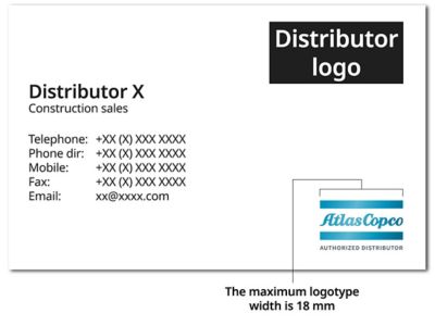An example of how to use and place Atlas Copco authorized distributor logo on a distributor business card with distributor logo prominently shown in top right corner and Atlas Copco authorized distributor logotype featured in a lower right corner and is smaller in size 
