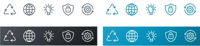 Atlas Copco basic icons displayed in four themes
