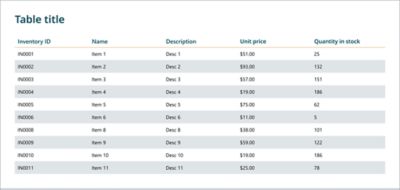 Table with rows alternating between white and gray.