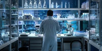 Scientist in the lab, back view, with lab tools on the bench