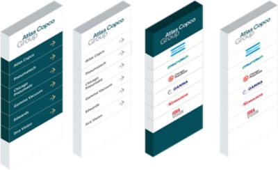Atlas Copco Group tower branding variations indicating the locations of Group brands.