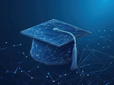 Glowing graduation cap polygonal low poly illustration on dark background. AI generated image