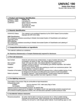 Univac 190 safety data sheet