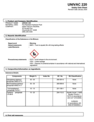 Univac 220 safety data sheet