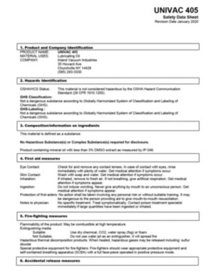 Univac 405 safety data sheet