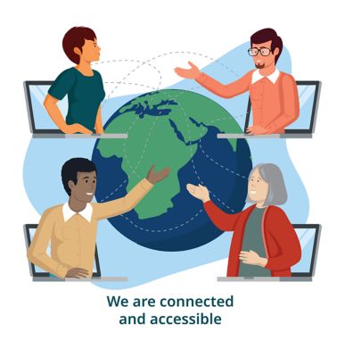 Two colleagues interacting with a VR headset app.