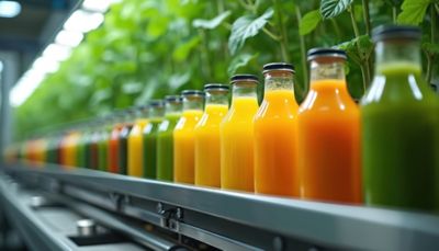 Bottles of colorful natural juices line up on a conveyor belt. Healthy drinks are prepared in an automated facility. Fresh fruit liquids are, packaged for consumers.