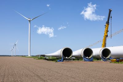 Dutch construction site new wind turbine farm in Zeewolde with wings ready to install