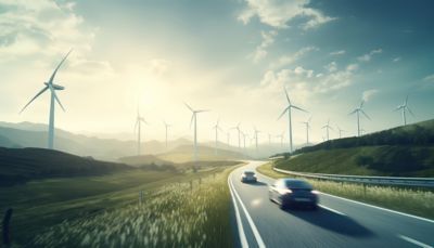 Electric car driving towards the horizon with windmills on either side of the road.