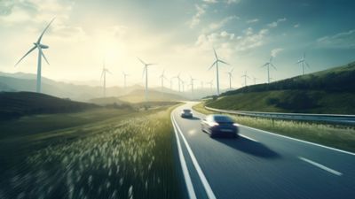 Electric car driving towards the horizon with windmills on either side of the road.