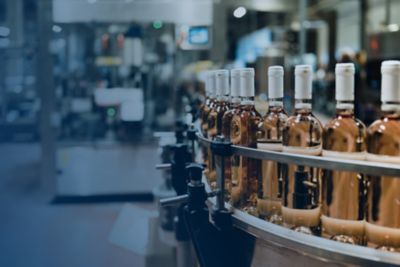 A row of filled wine bottles sit on a conveyor belt