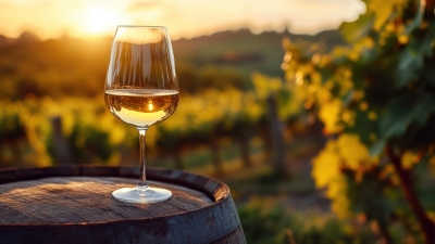 Glass of white wine in barrel in vineyard