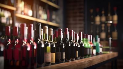 Wine bottles sitting on a shelf inside of a store