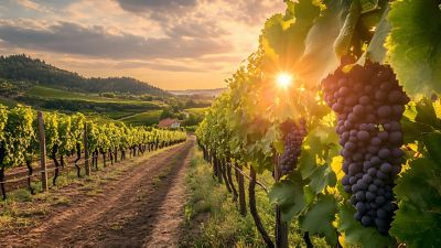 Vineyards with grapevines and wineries along a wine road, illuminated by the evening sun in Europe.